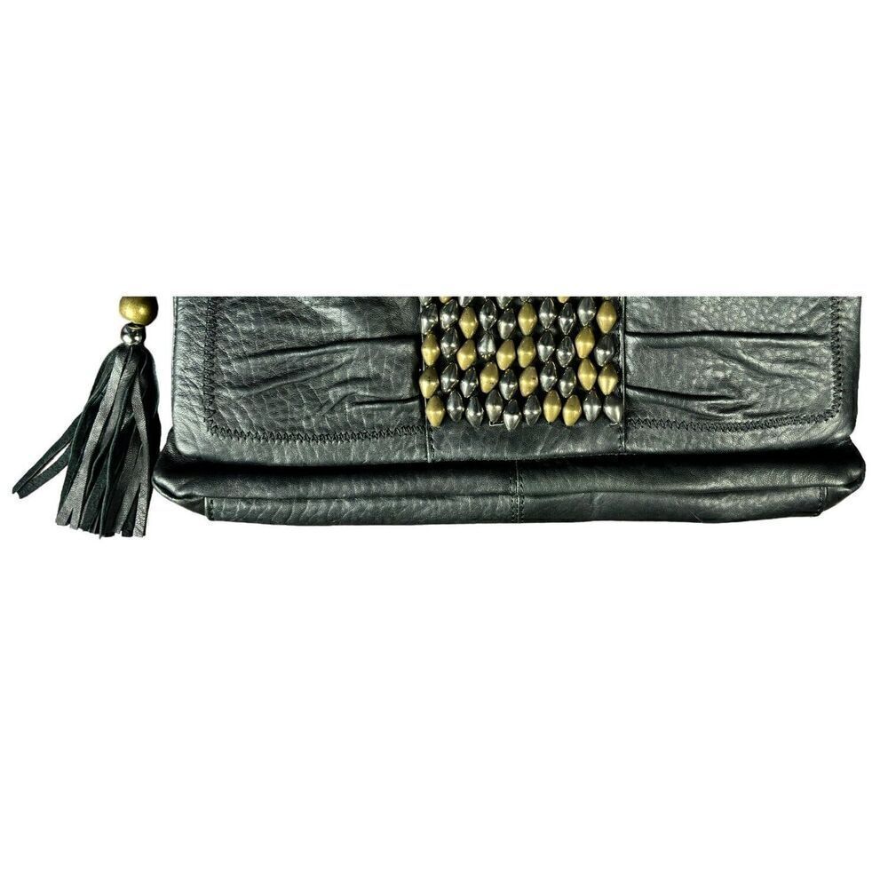Vince Camuto Clutch Black Gold Metal Studded Tassel Leather Magnetic Purse - Picture 4 of 8